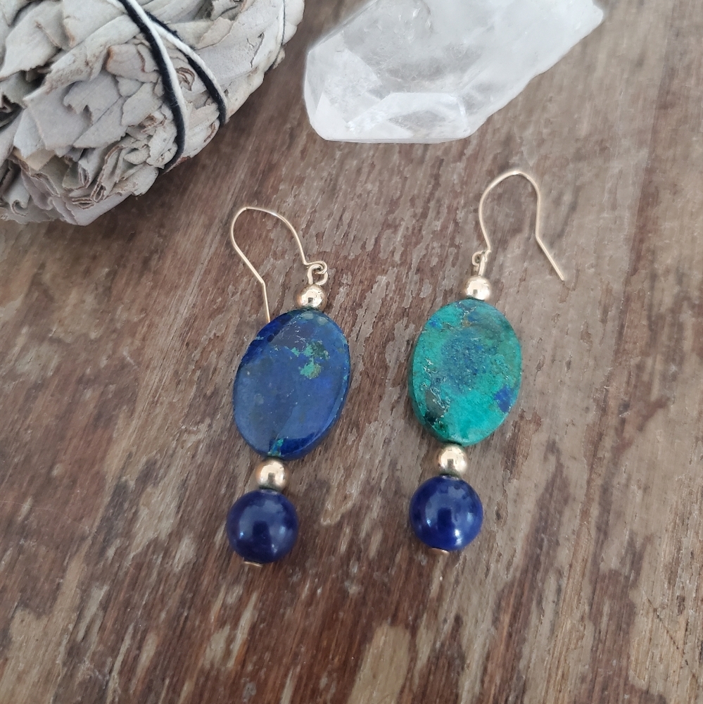 2/$15 tumbled blue green azurite gemstone boho drop earrings